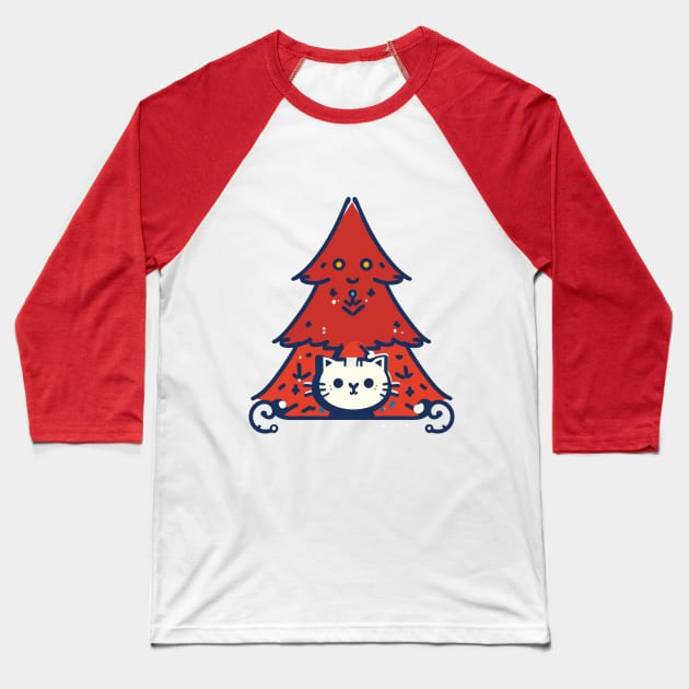 Meowy Catmas - Cute Cat In A Red Christmas Tree Baseball T-Shirt by Sorry Frog